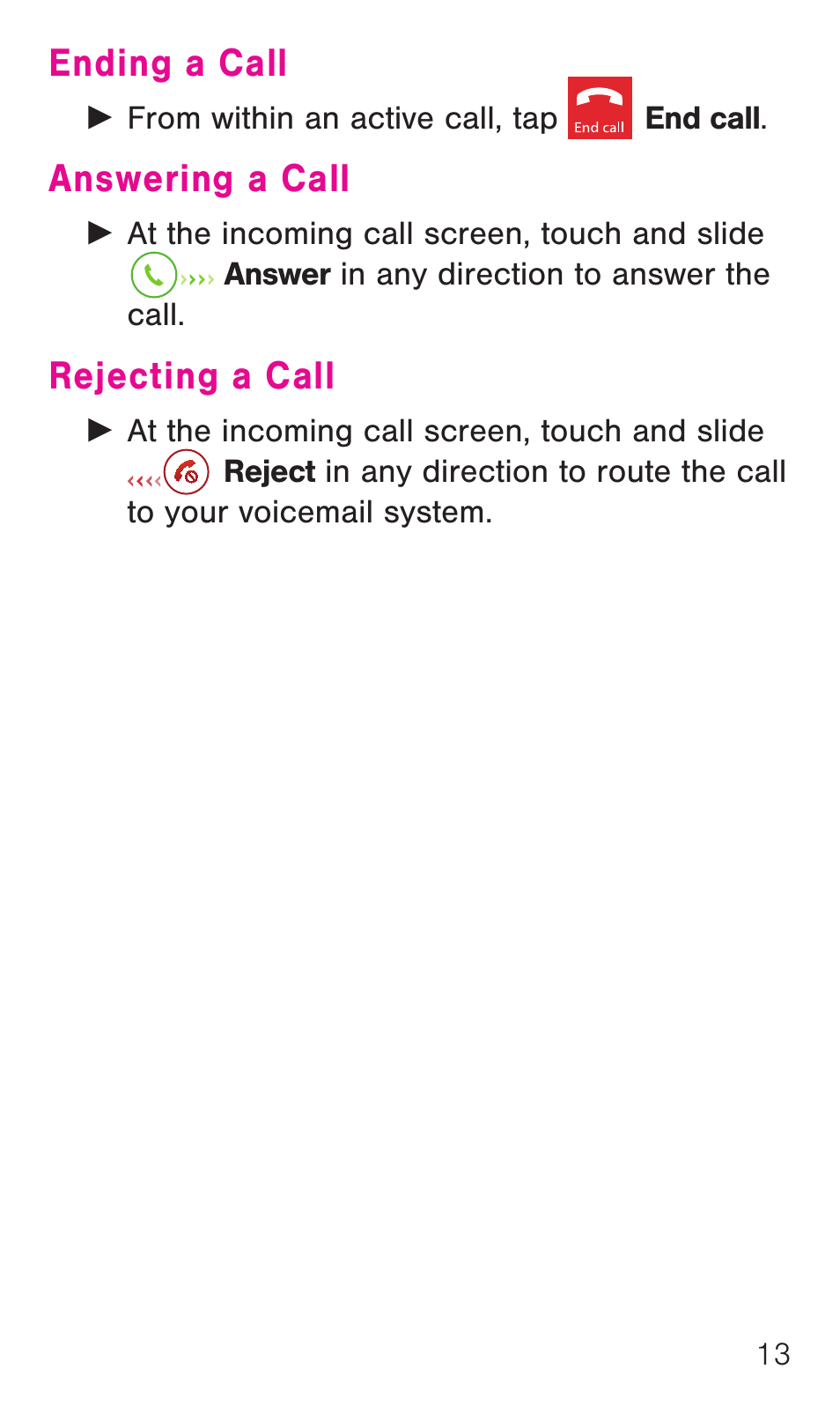 Ending a call, Answering a call, Rejecting a call | Ending a call answering a call rejecting a call | Samsung SM-G386TZKATMB User Manual | Page 14 / 36