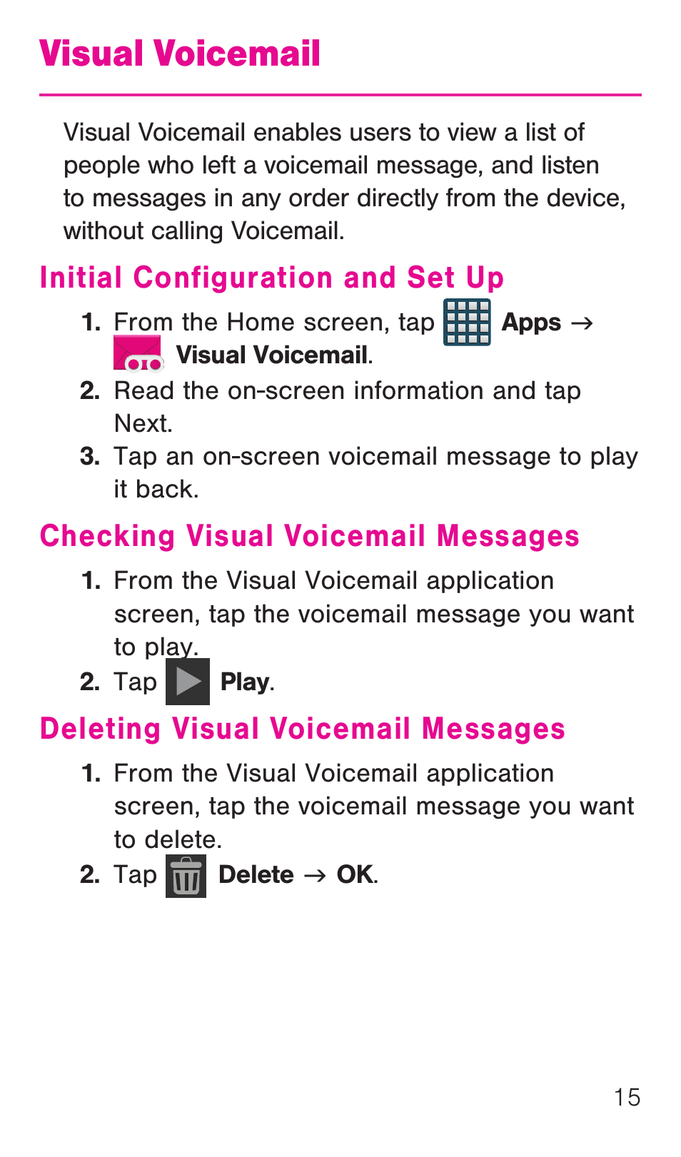Visual voicemail, Initial configuration and set up, Checking visual voicemail messages | Deleting visual voicemail messages | Samsung SM-G386TZKATMB User Manual | Page 16 / 36