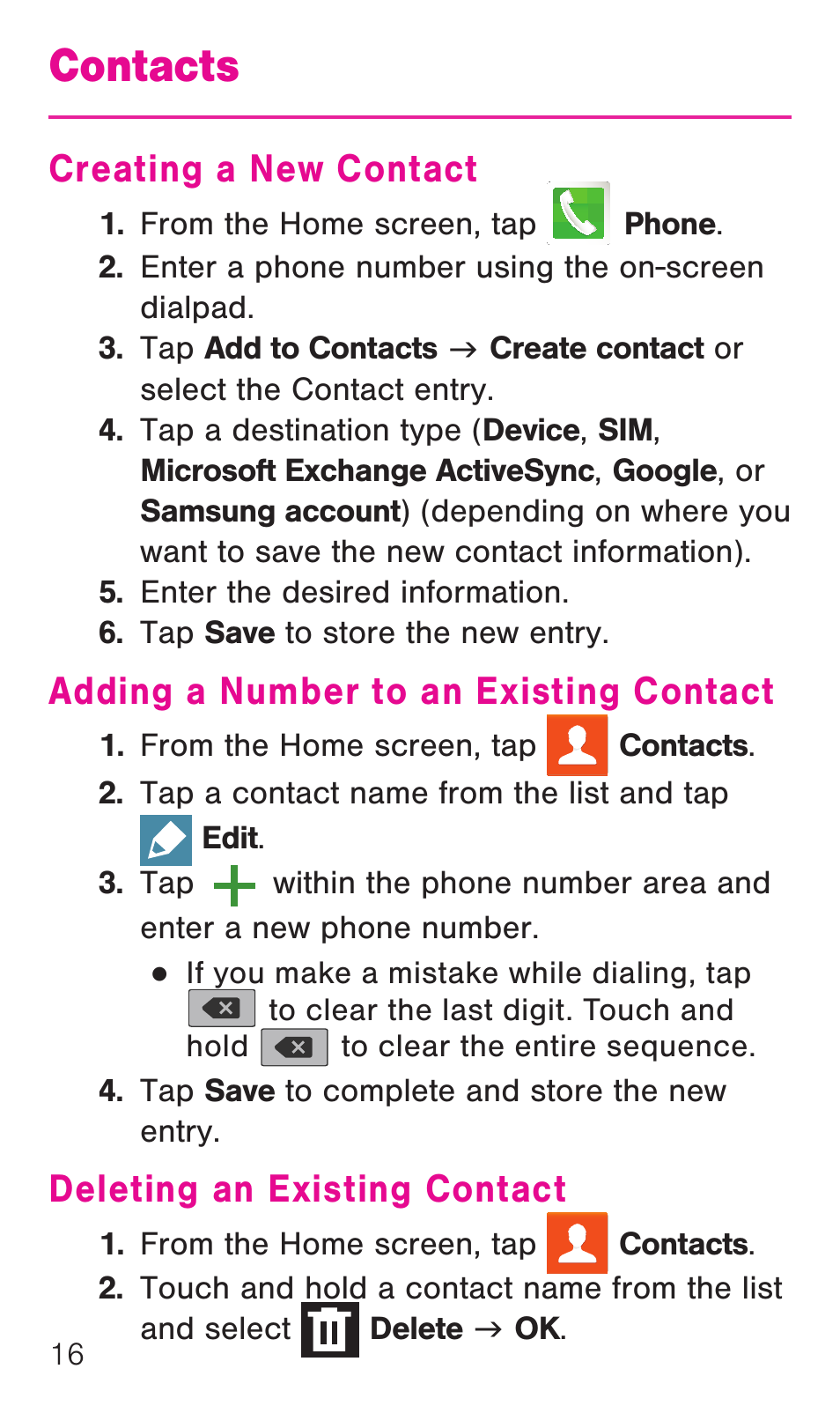 Contacts, Creating a new contact, Adding a number to an existing contact | Deleting an existing contact | Samsung SM-G386TZKATMB User Manual | Page 17 / 36