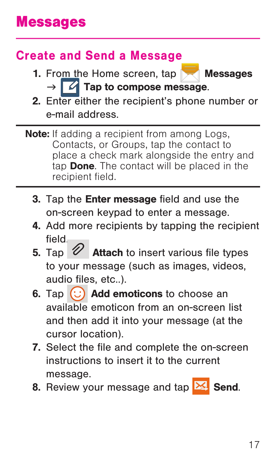 Messages, Create and send a message | Samsung SM-G386TZKATMB User Manual | Page 18 / 36
