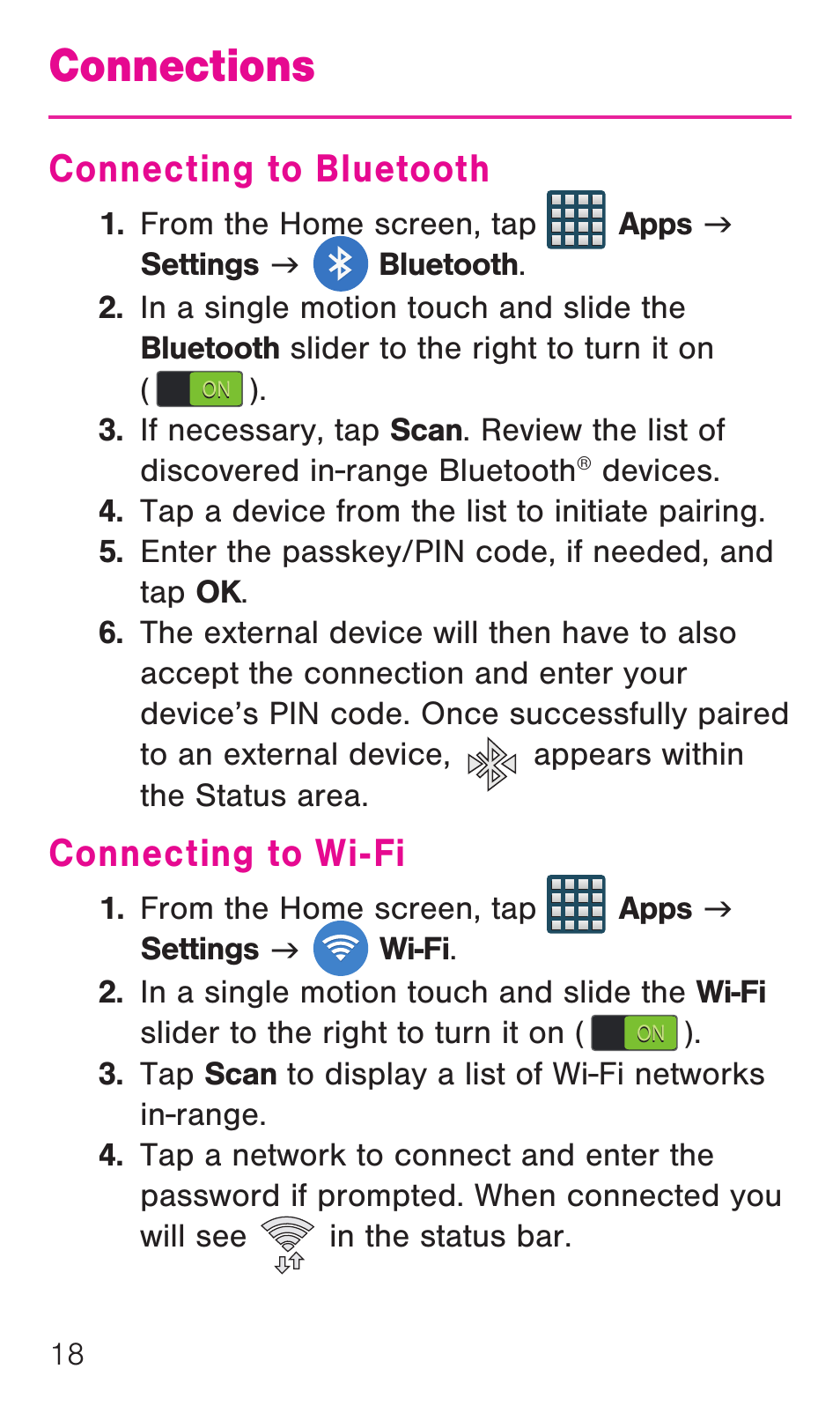 Connections, Connecting to bluetooth, Connecting to wi-fi | Connecting to bluetooth connecting to wi-fi | Samsung SM-G386TZKATMB User Manual | Page 19 / 36