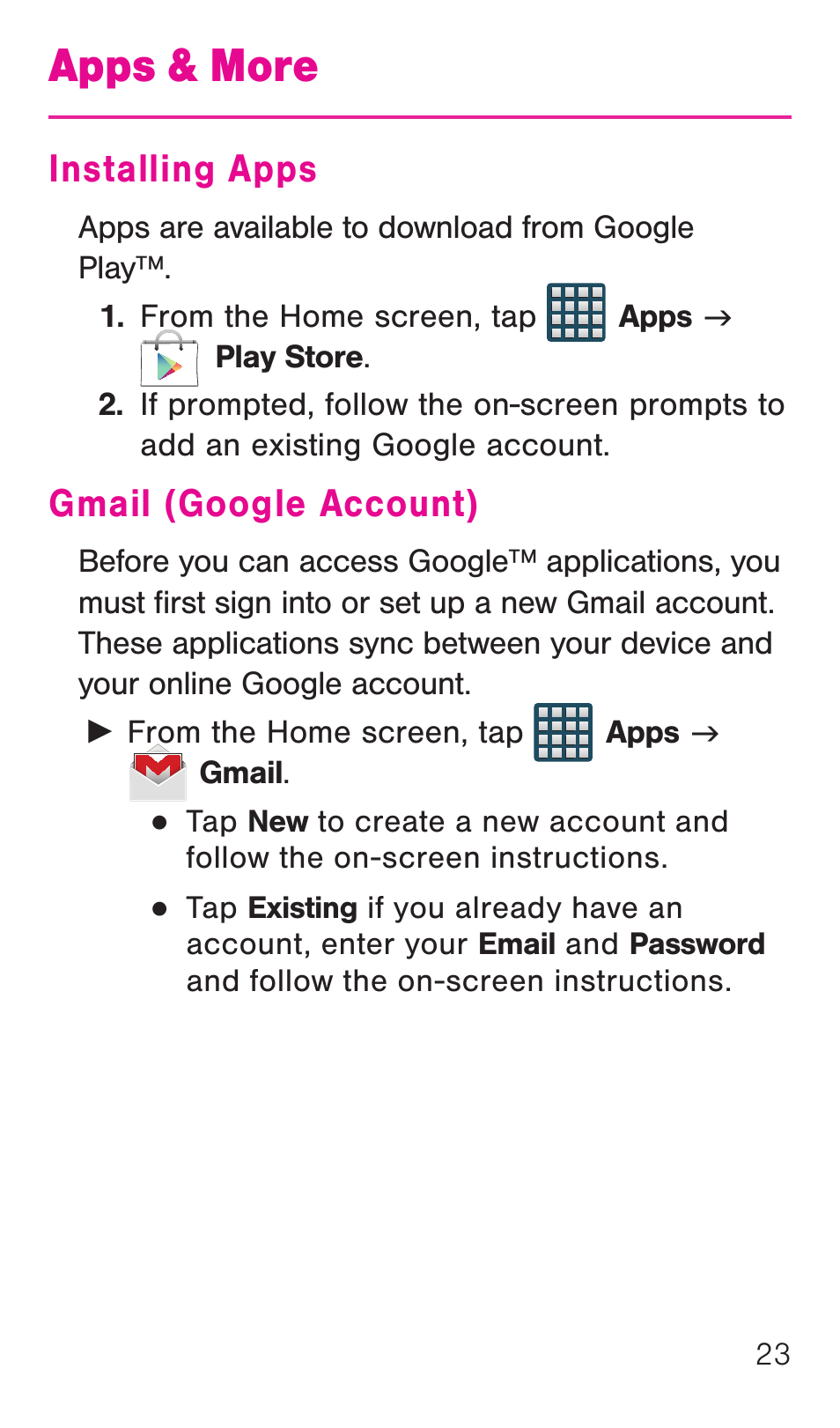 Apps & more, Installing apps, Gmail (google account) | Installing apps gmail (google account) | Samsung SM-G386TZKATMB User Manual | Page 24 / 36
