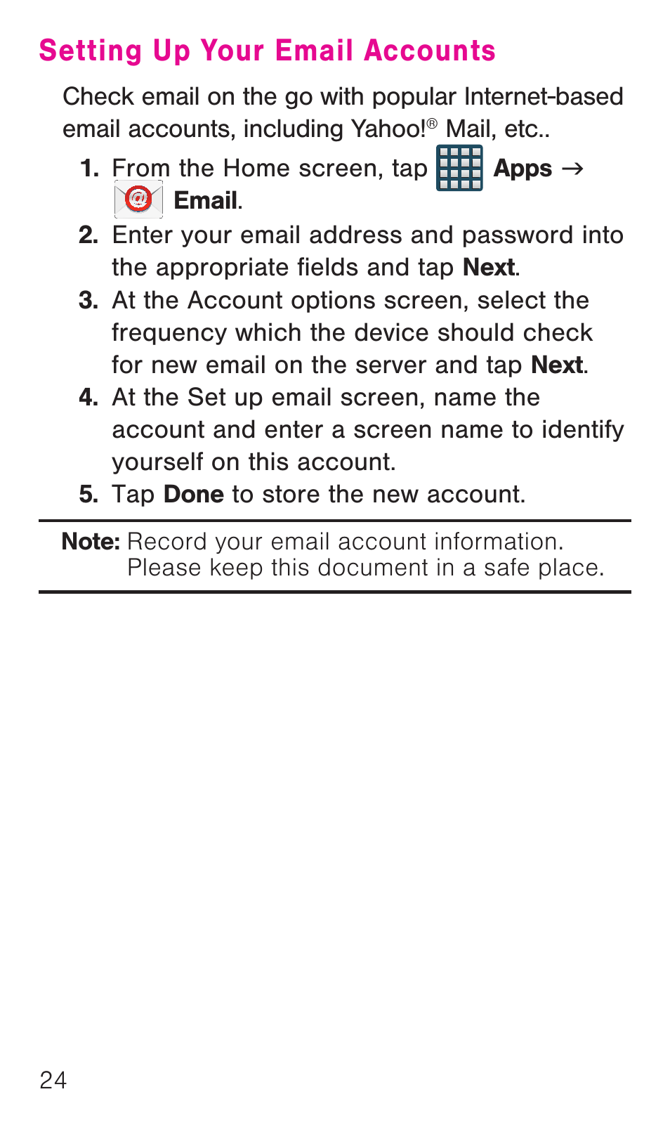 Setting up your email accounts | Samsung SM-G386TZKATMB User Manual | Page 25 / 36