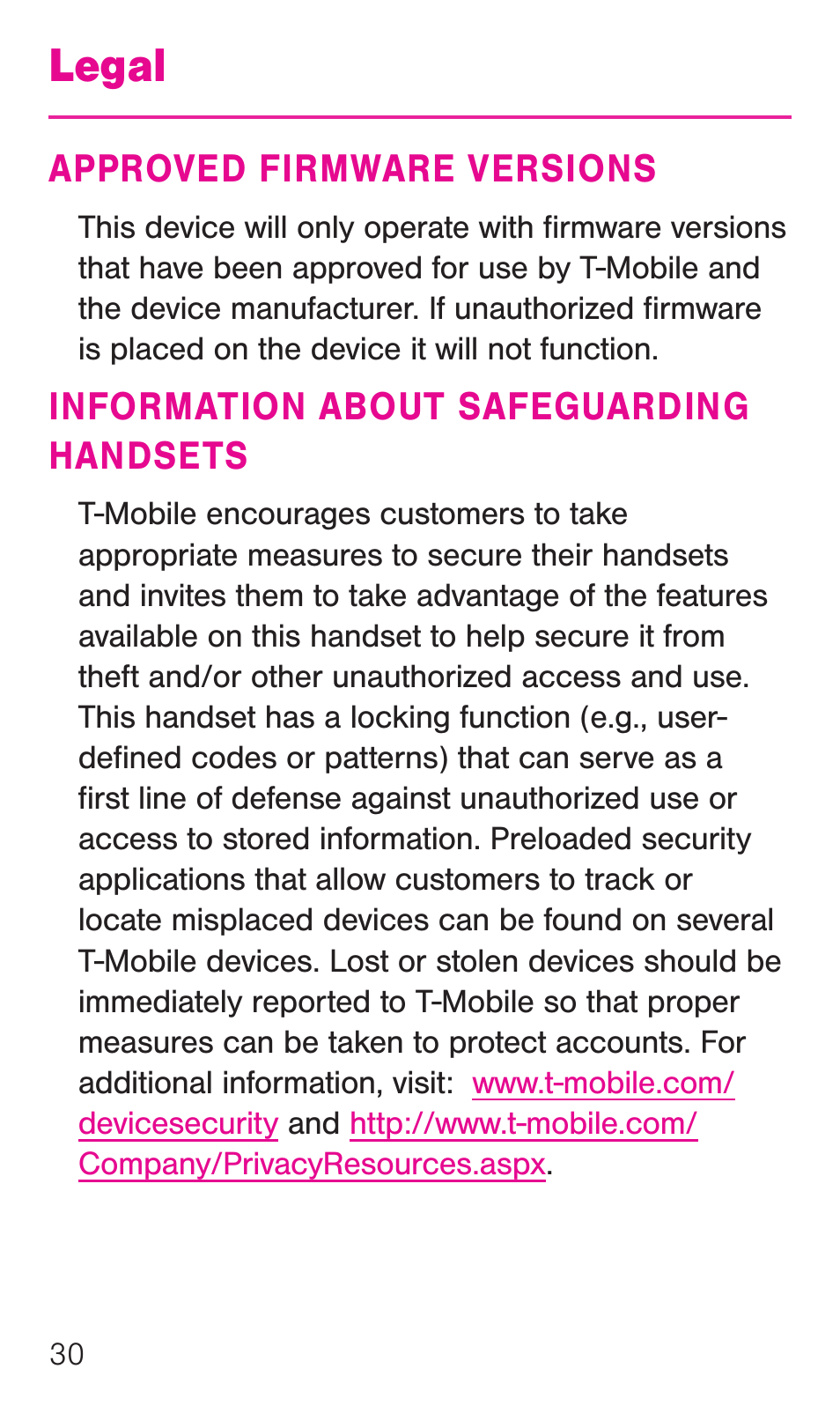 Legal, Approved firmware versions, Information about safeguarding handsets | Handsets | Samsung SM-G386TZKATMB User Manual | Page 31 / 36