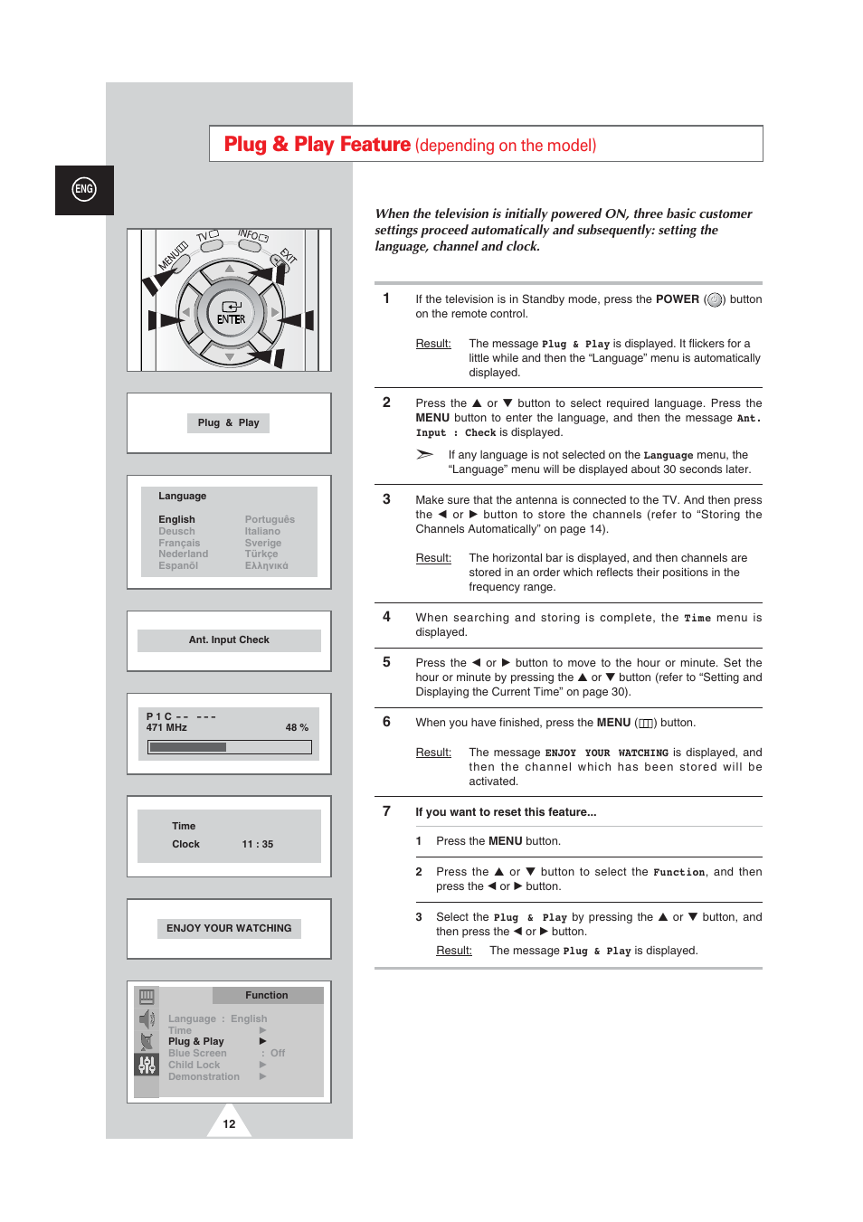 Plug & play feature, Depending on the model) | Samsung CW29M064N2XXEC User Manual | Page 12 / 40