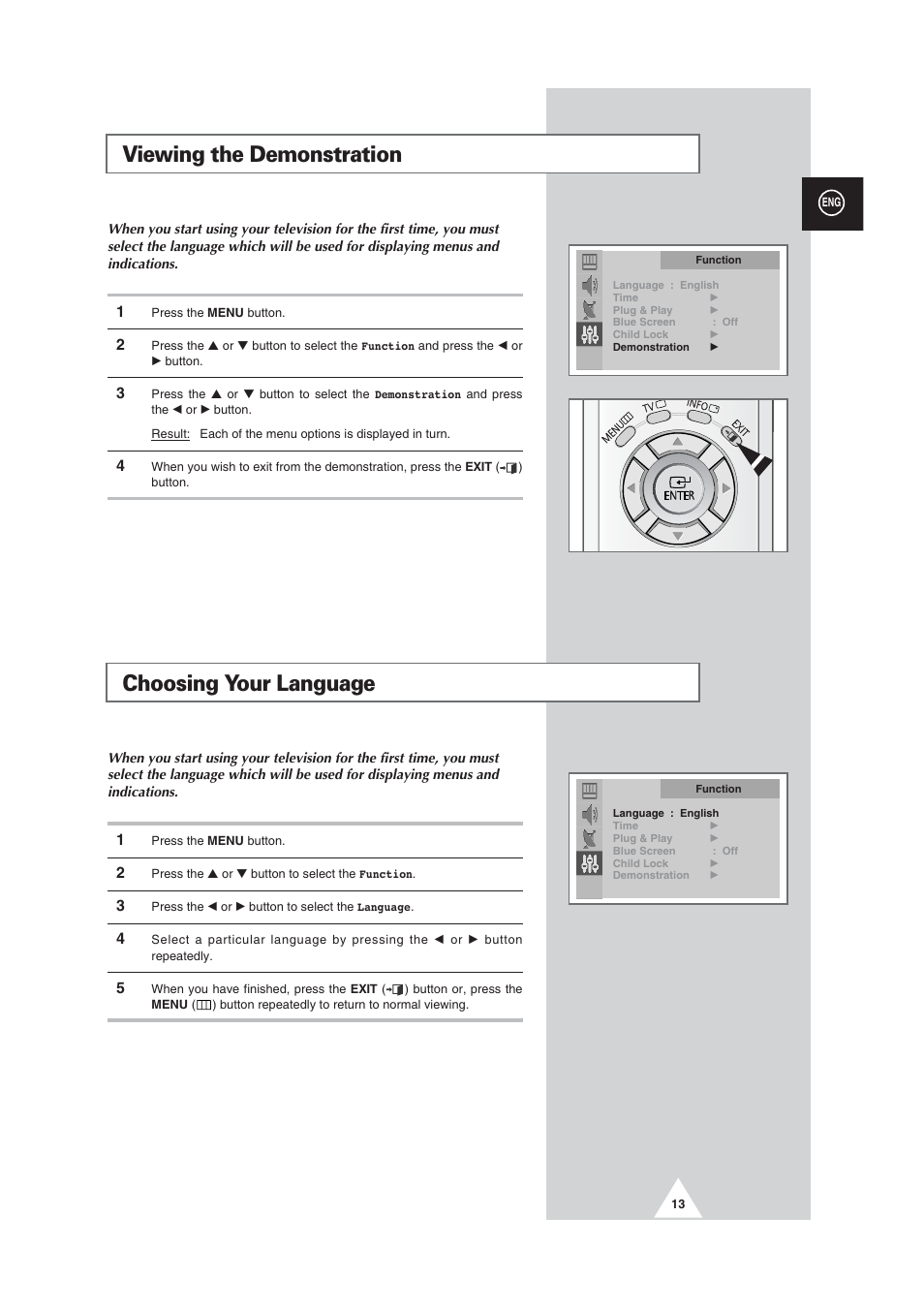 Viewing the demonstration, Choosing your language | Samsung CW29M064N2XXEC User Manual | Page 13 / 40