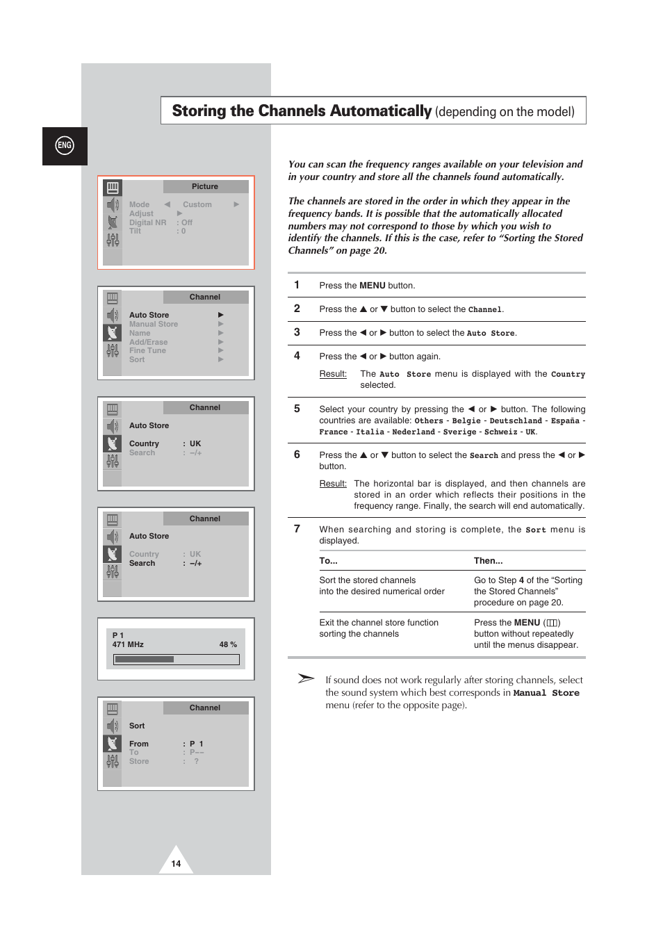 Storing the channels automatically, Depending on the model) | Samsung CW29M064N2XXEC User Manual | Page 14 / 40