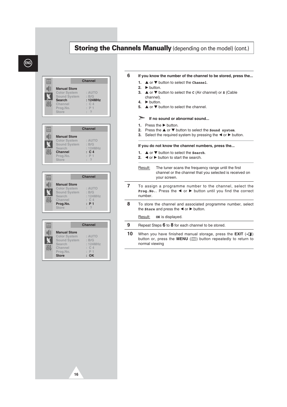 Storing the channels manually, Depending on the model) (cont.) | Samsung CW29M064N2XXEC User Manual | Page 16 / 40