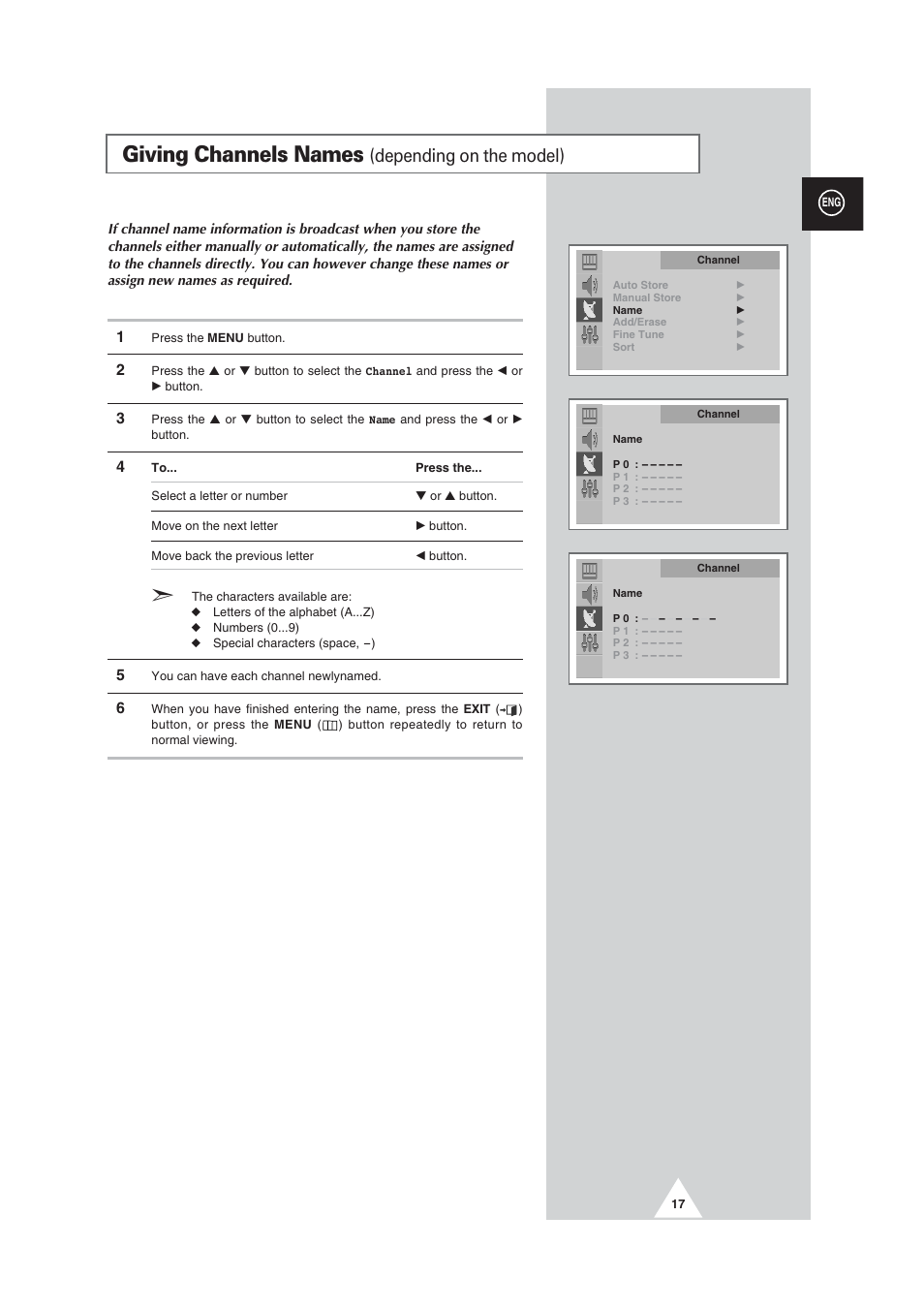Giving channels names, Depending on the model) | Samsung CW29M064N2XXEC User Manual | Page 17 / 40