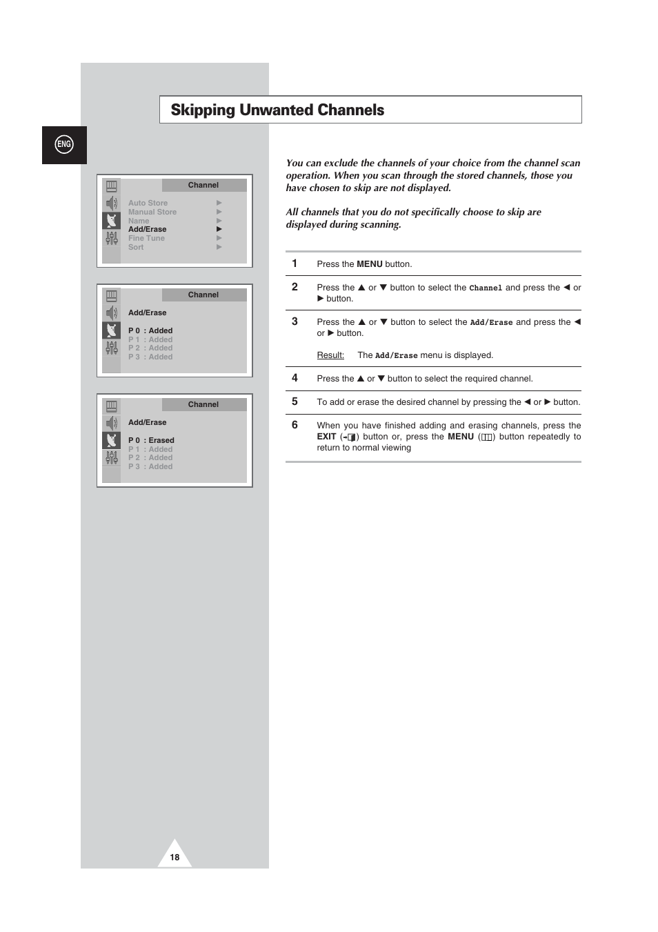 Skipping unwanted channels | Samsung CW29M064N2XXEC User Manual | Page 18 / 40