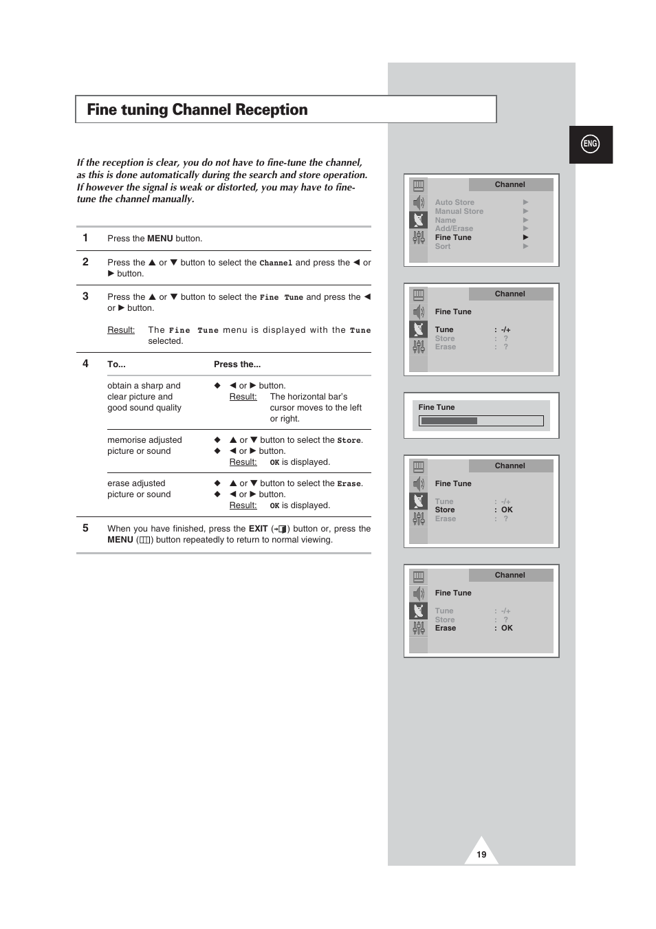Fine tuning channel reception | Samsung CW29M064N2XXEC User Manual | Page 19 / 40