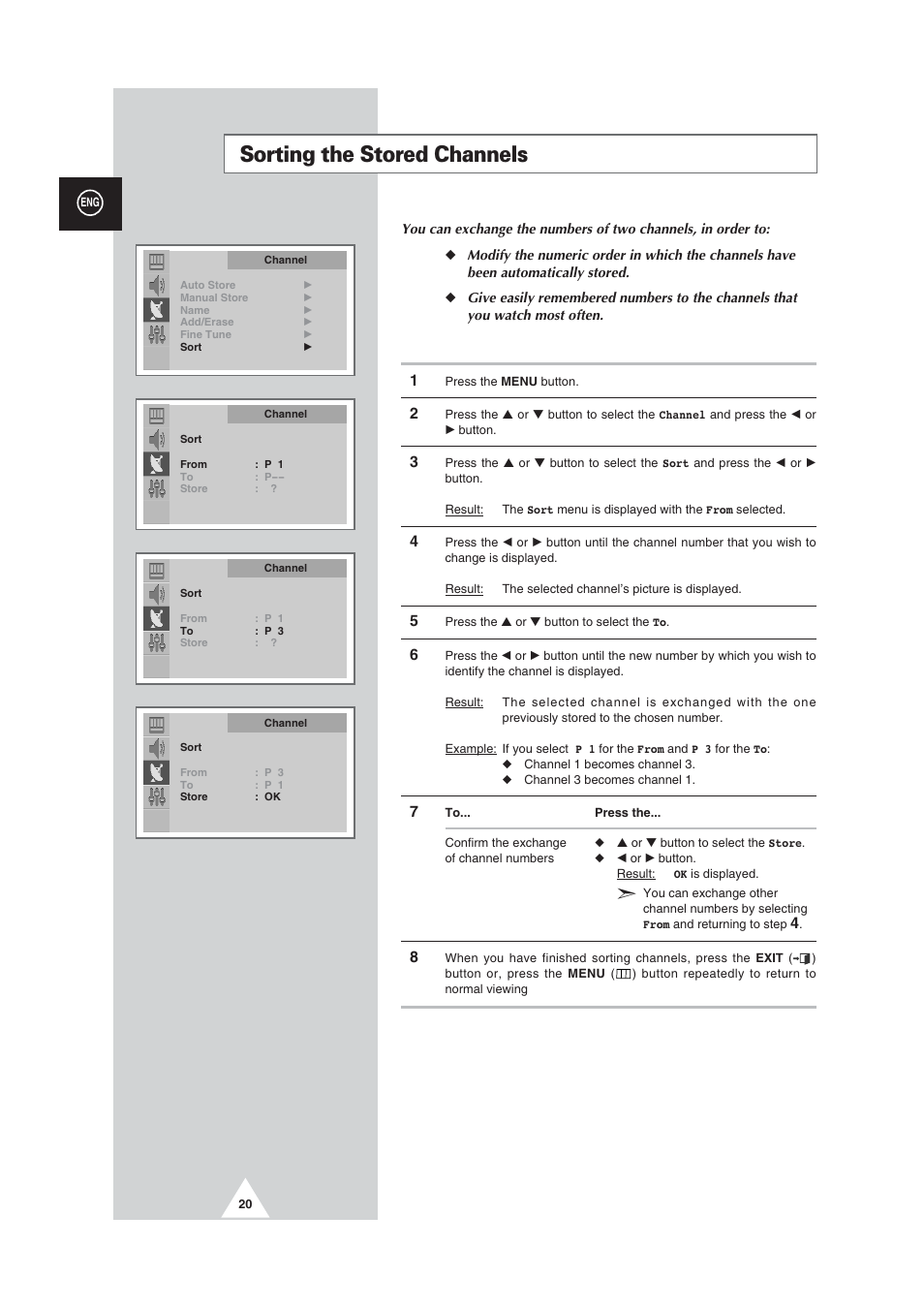 Sorting the stored channels | Samsung CW29M064N2XXEC User Manual | Page 20 / 40