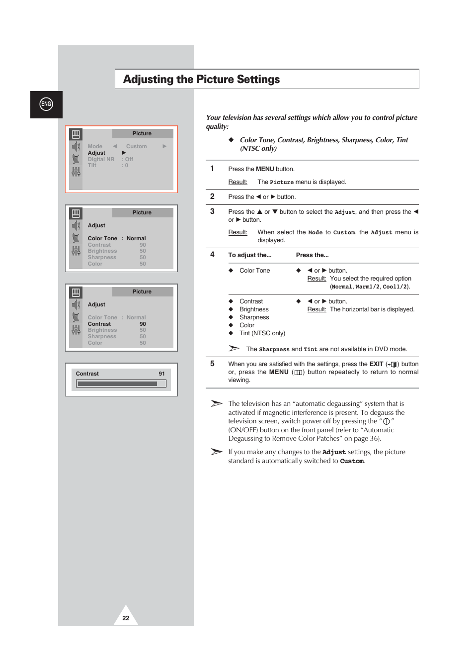 Adjusting the picture settings | Samsung CW29M064N2XXEC User Manual | Page 22 / 40