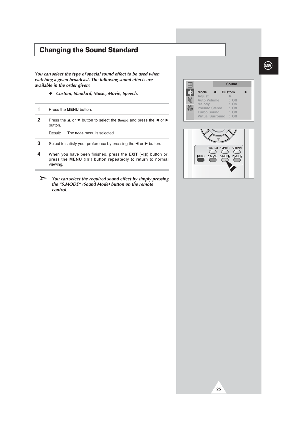 Changing the sound standard | Samsung CW29M064N2XXEC User Manual | Page 25 / 40