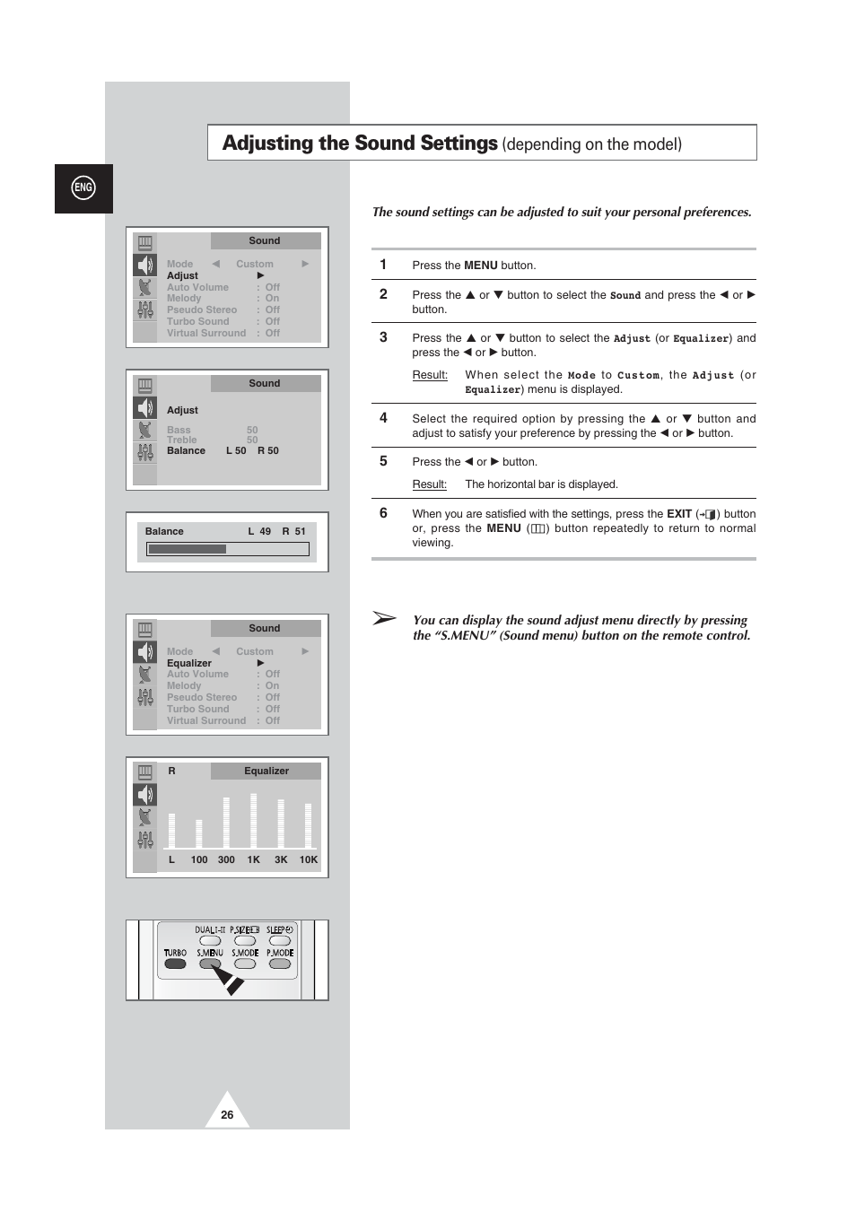 Adjusting the sound settings, Depending on the model) | Samsung CW29M064N2XXEC User Manual | Page 26 / 40