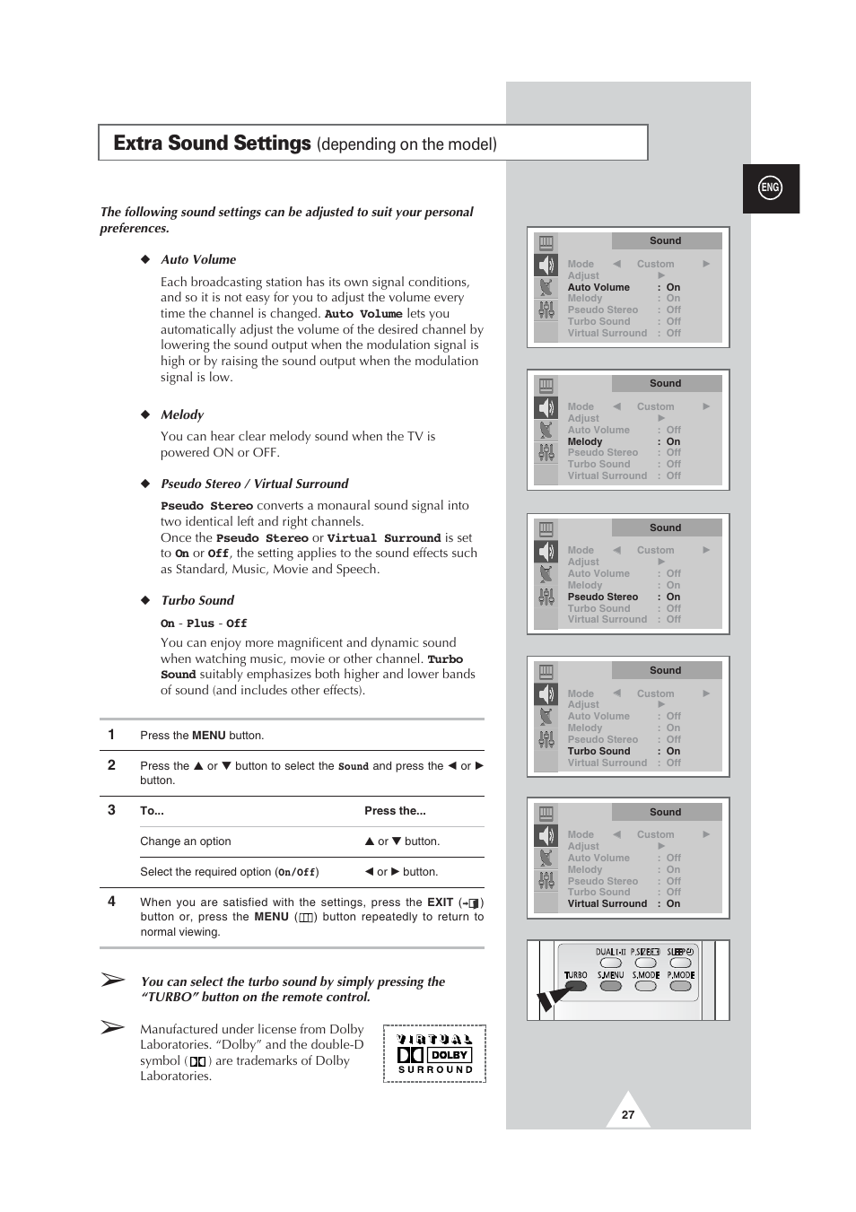 Extra sound settings, Depending on the model) | Samsung CW29M064N2XXEC User Manual | Page 27 / 40