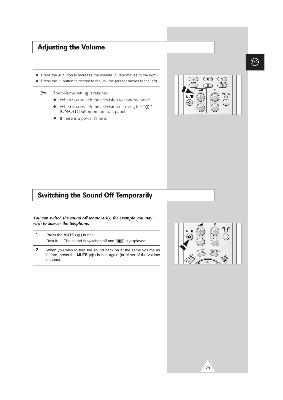 Switching the sound off temporarily, Adjusting the volume | Samsung CW29M064N2XXEC User Manual | Page 29 / 40