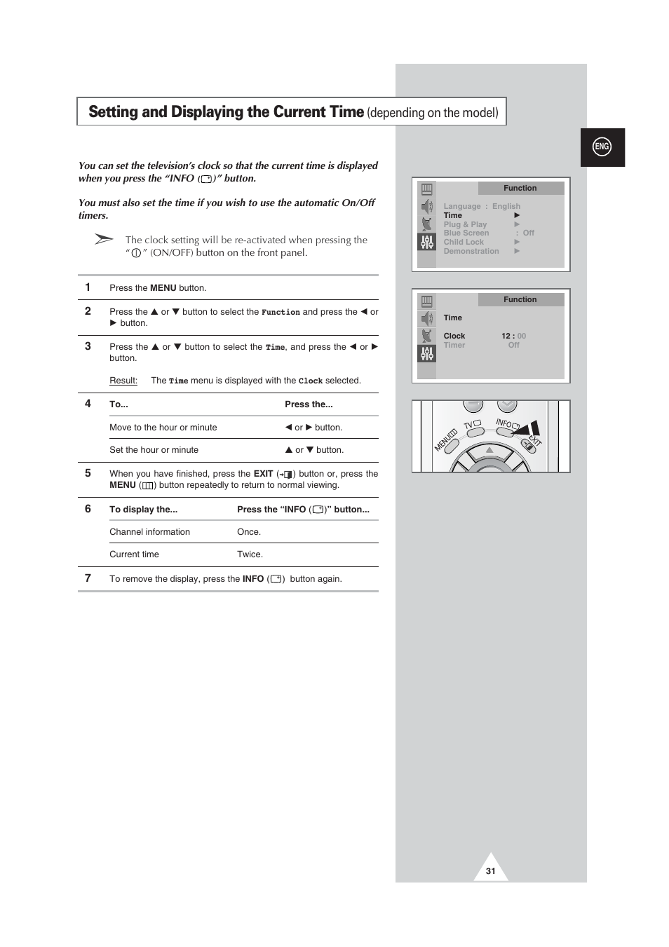Setting and displaying the current time, Depending on the model) | Samsung CW29M064N2XXEC User Manual | Page 31 / 40