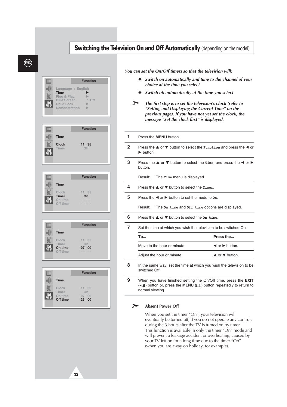 Switching the television on and off automatically, Depending on the model) | Samsung CW29M064N2XXEC User Manual | Page 32 / 40