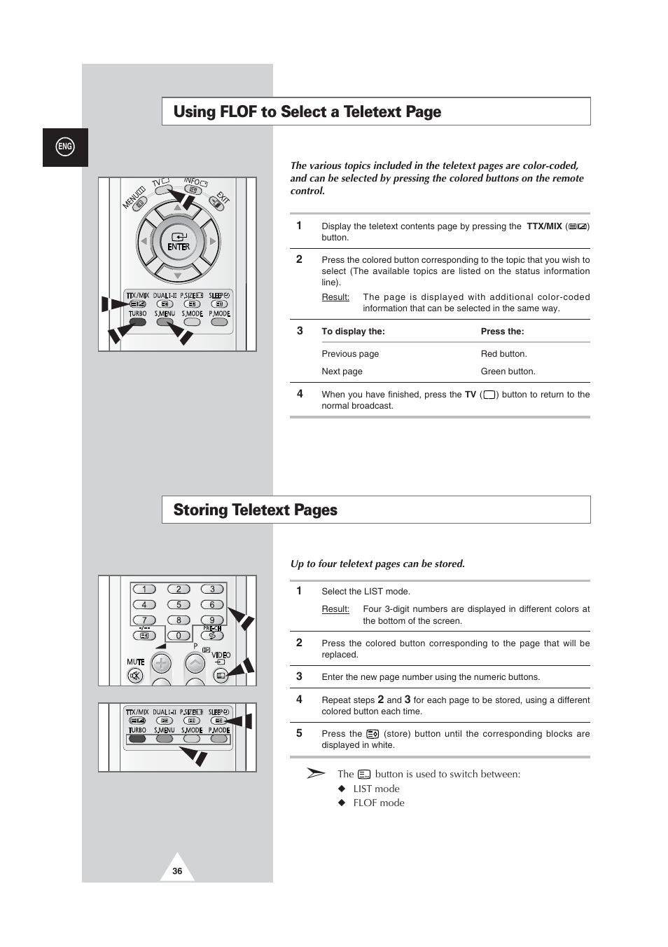 Storing teletext pages, Using flof to select a teletext page | Samsung CW29M064N2XXEC User Manual | Page 36 / 40