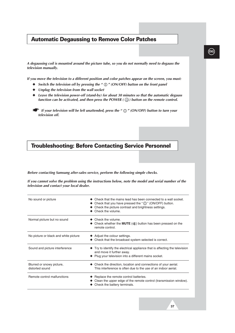 Automatic degaussing to remove color patches | Samsung CW29M064N2XXEC User Manual | Page 37 / 40