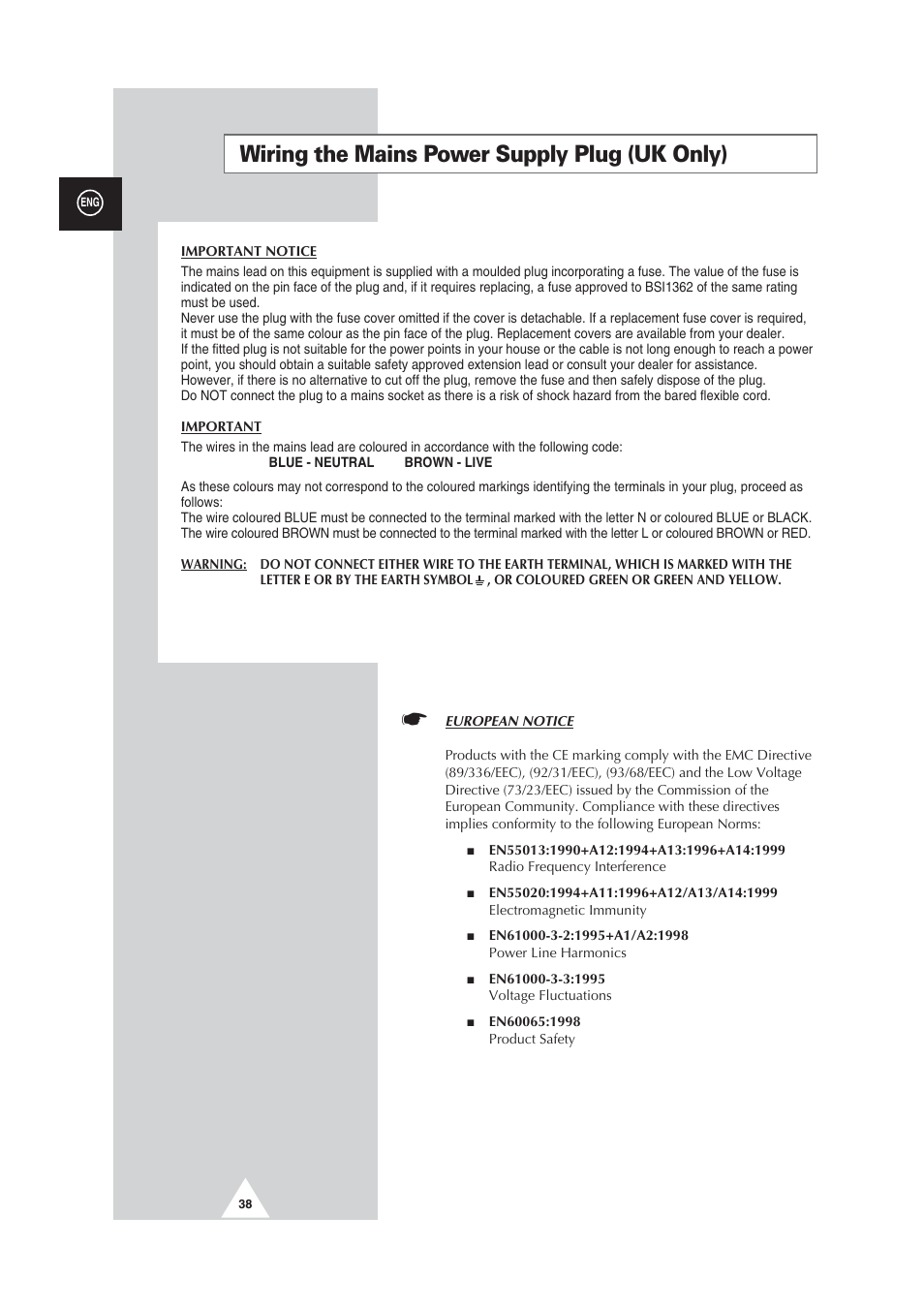 Wiring the mains power supply plug (uk only) | Samsung CW29M064N2XXEC User Manual | Page 38 / 40