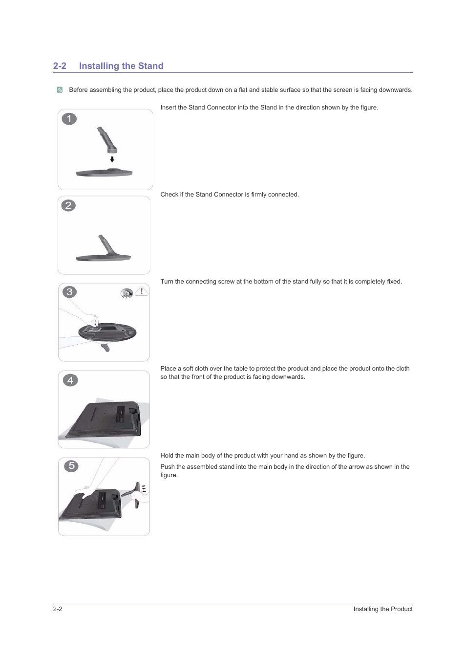 2 installing the stand, Installing the stand -2 | Samsung LS23PUHKFV-ZA User Manual | Page 12 / 50