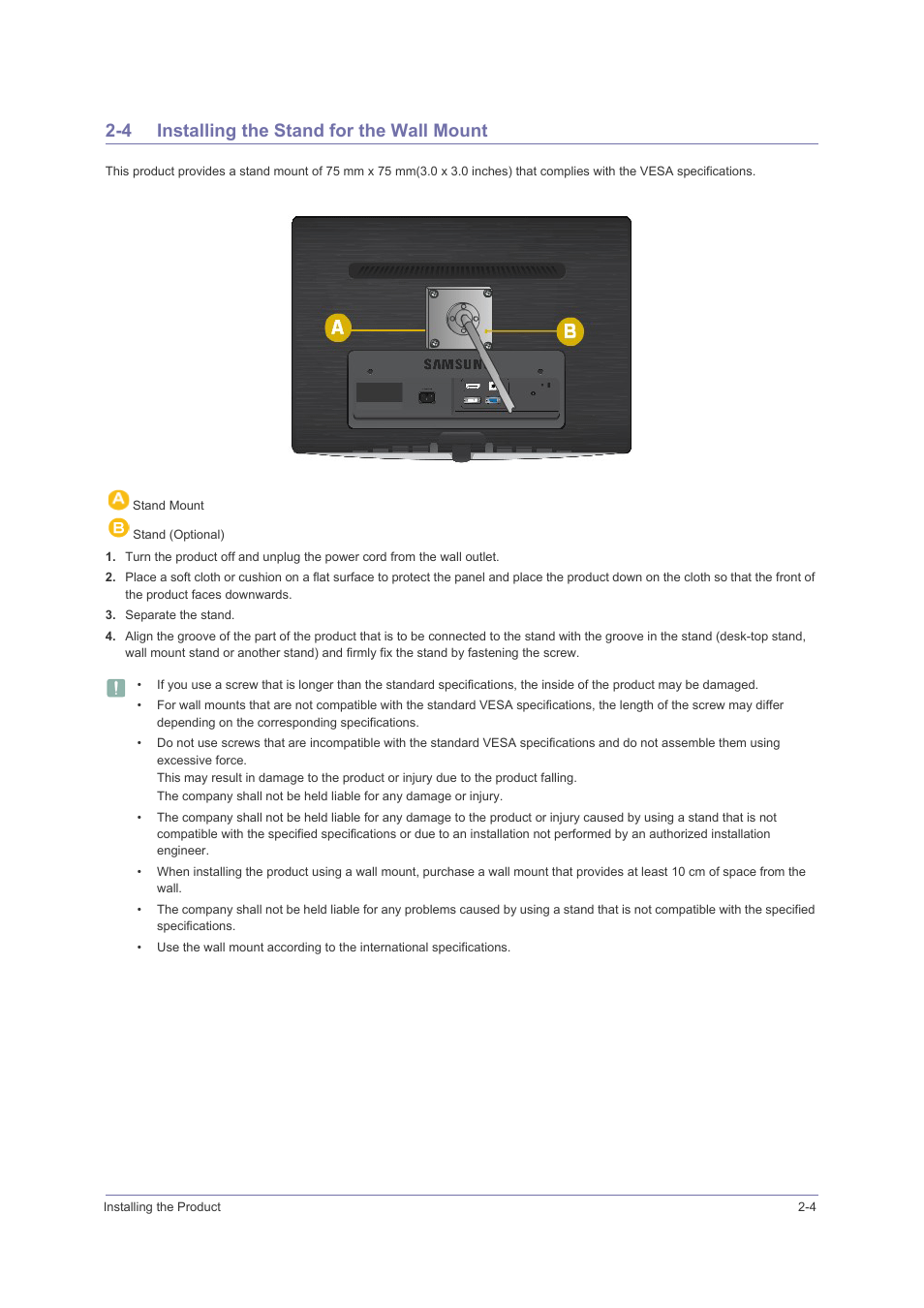 4 installing the stand for the wall mount, Installing the stand for the wall mount -4 | Samsung LS23PUHKFV-ZA User Manual | Page 15 / 50