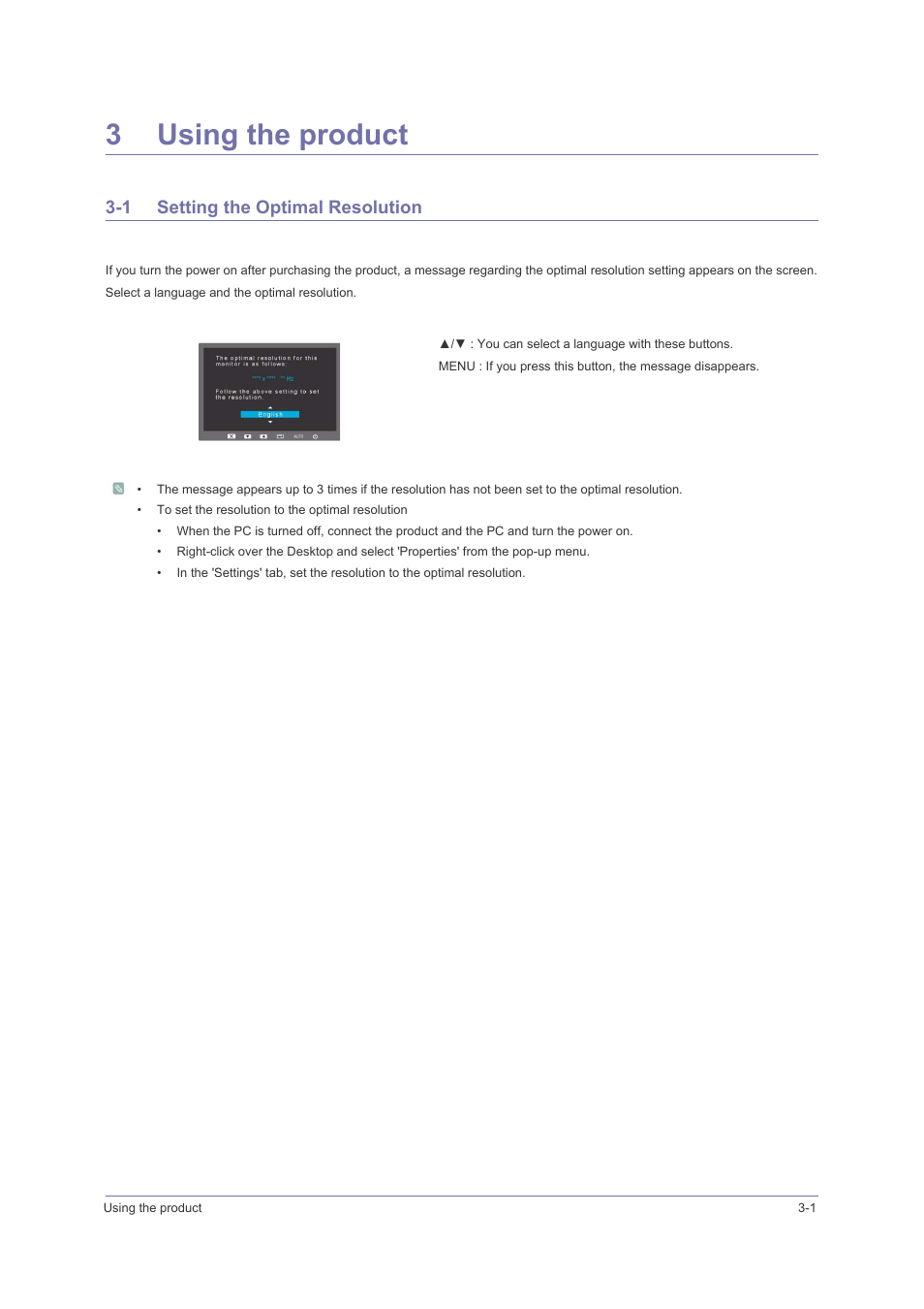 3 using the product, 1 setting the optimal resolution, Using the product | Setting the optimal resolution -1, 3using the product | Samsung LS23PUHKFV-ZA User Manual | Page 19 / 50