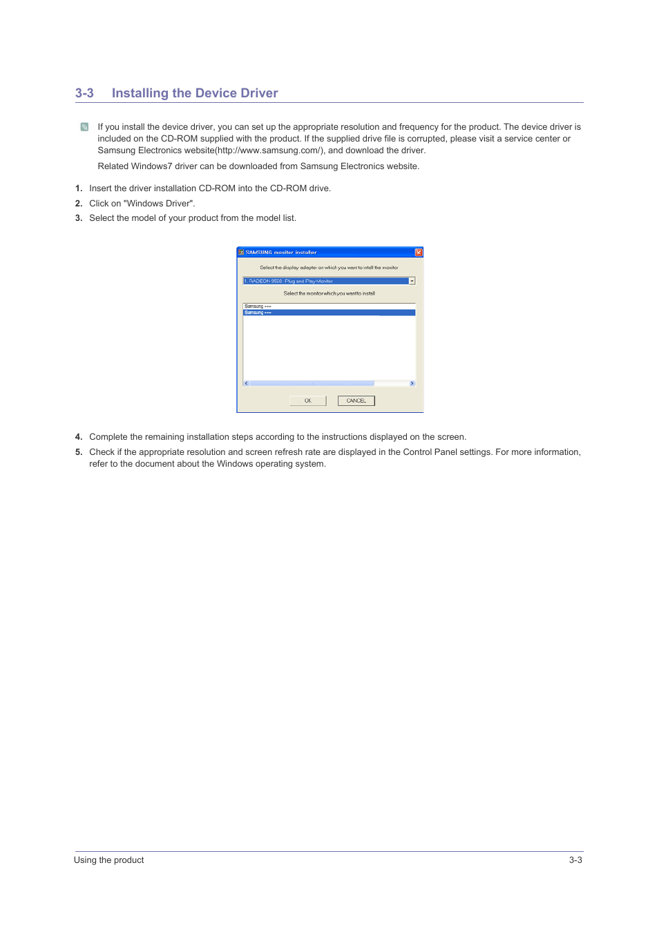 3 installing the device driver, Installing the device driver -3 | Samsung LS23PUHKFV-ZA User Manual | Page 23 / 50