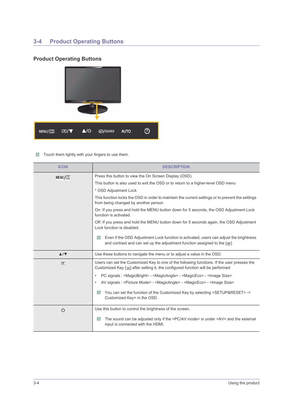 4 product operating buttons, Product operating buttons -4, Product operating buttons | Samsung LS23PUHKFV-ZA User Manual | Page 24 / 50