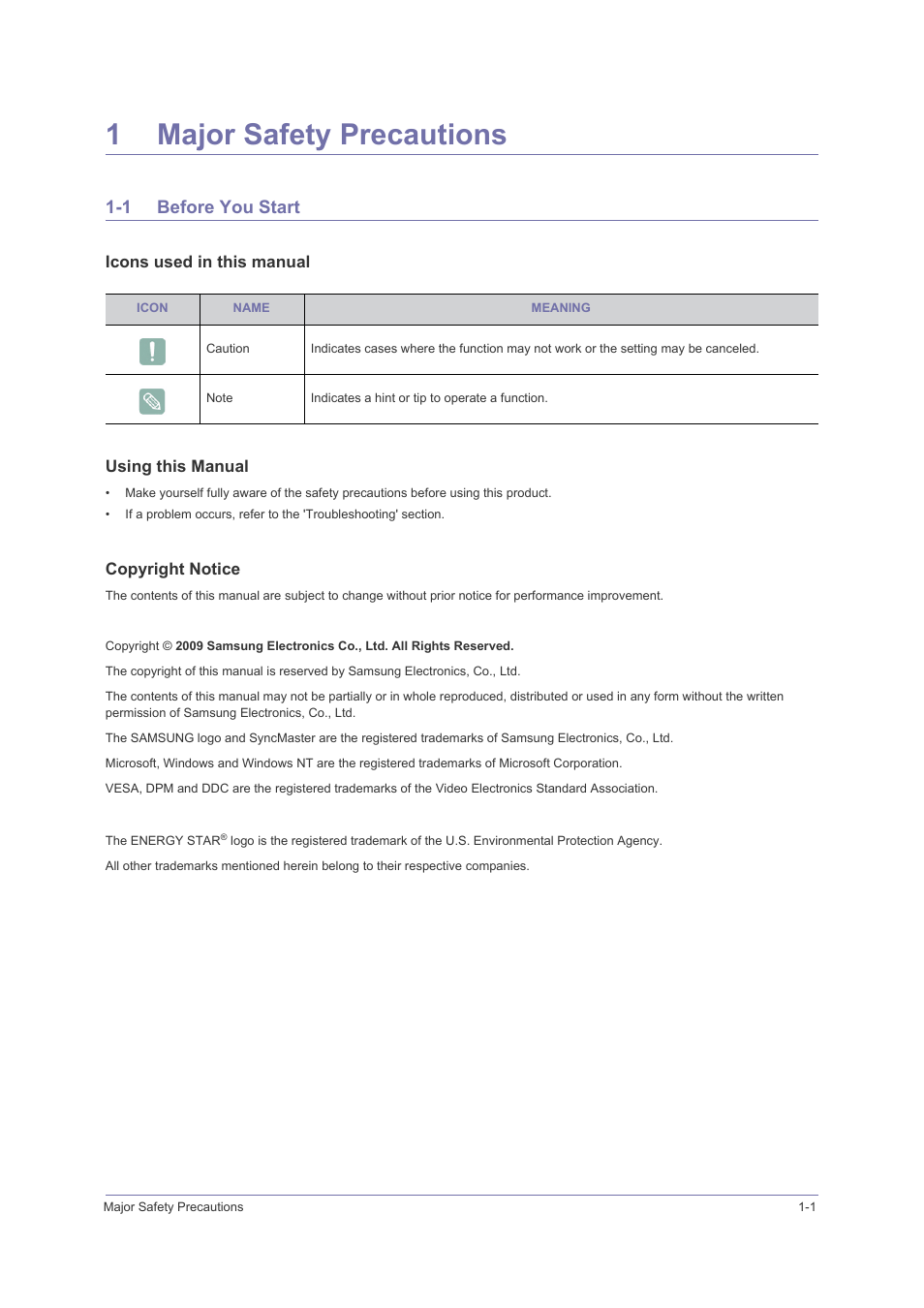 1 major safety precautions, 1 before you start, Before you start -1 | 1major safety precautions | Samsung LS23PUHKFV-ZA User Manual | Page 3 / 50