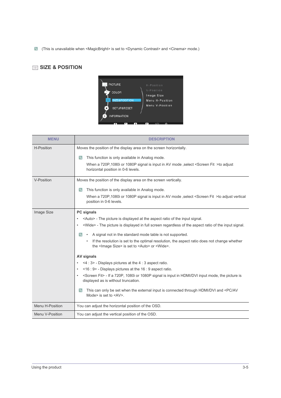 Size & position | Samsung LS23PUHKFV-ZA User Manual | Page 31 / 50