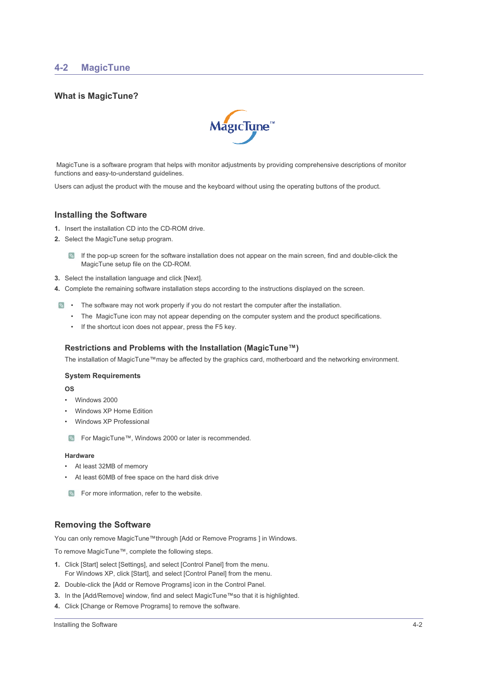 2 magictune, Magictune -2, What is magictune | Installing the software, Removing the software | Samsung LS23PUHKFV-ZA User Manual | Page 35 / 50