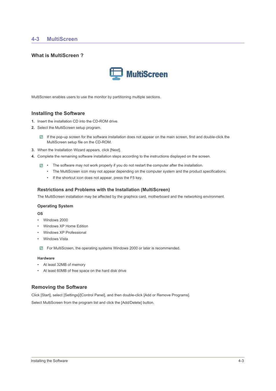 3 multiscreen, Multiscreen -3, What is multiscreen | Installing the software, Removing the software | Samsung LS23PUHKFV-ZA User Manual | Page 37 / 50