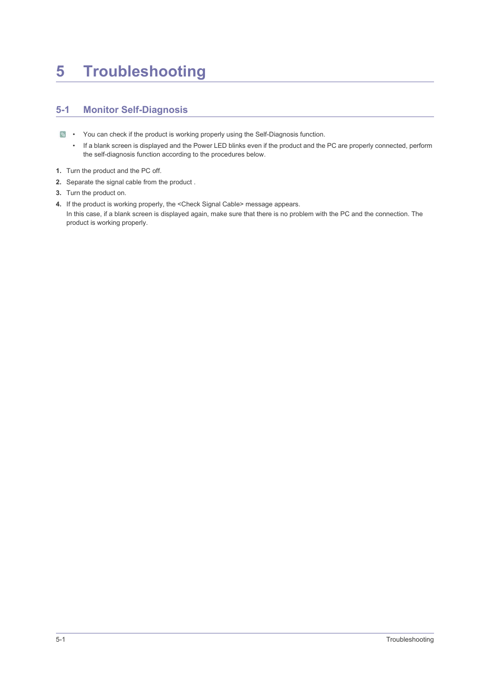 5 troubleshooting, 1 monitor self-diagnosis, Troubleshooting | Monitor self-diagnosis -1, 5troubleshooting | Samsung LS23PUHKFV-ZA User Manual | Page 38 / 50