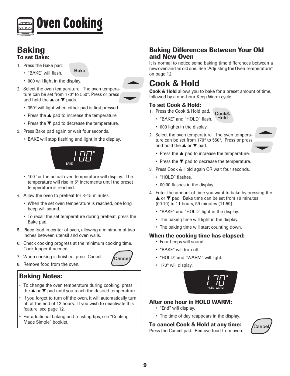 Oven cooking, Baking, Cook & hold | Baking differences between your old and new oven | Amana Smoothtop User Manual | Page 10 / 76