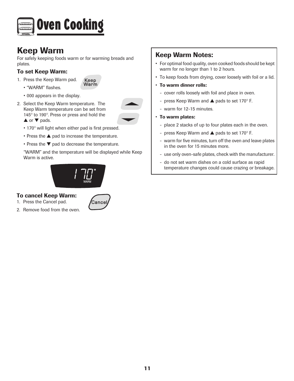 Oven cooking, Keep warm | Amana Smoothtop User Manual | Page 12 / 76