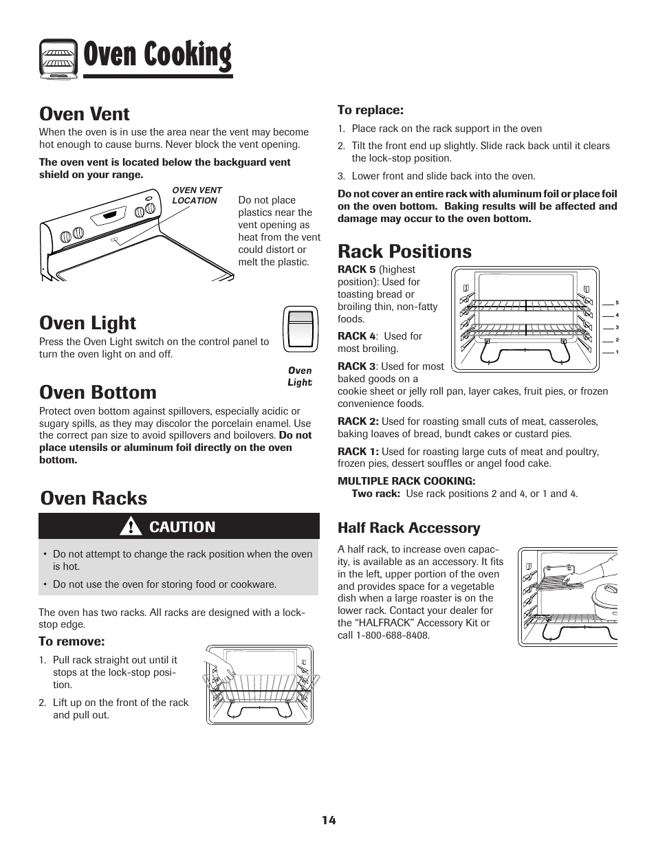 Oven cooking, Oven light, Oven bottom | Oven vent, Oven racks, Rack positions | Amana Smoothtop User Manual | Page 15 / 76