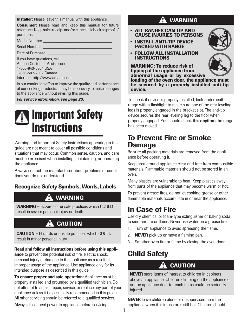 Important safety instructions, Child safety | Amana Smoothtop User Manual | Page 2 / 76