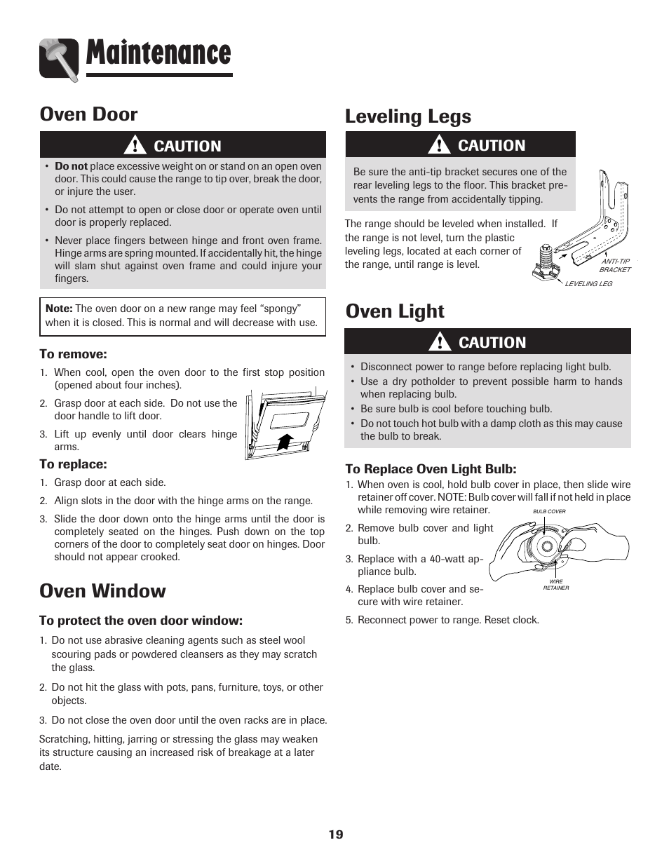 Maintenance, Oven window, Leveling legs | Oven light, Oven door, Caution | Amana Smoothtop User Manual | Page 20 / 76