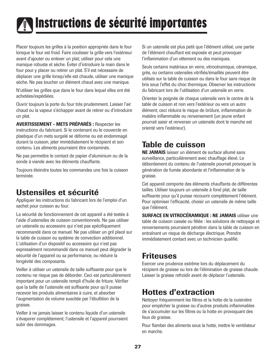 Instructions de sécurité importantes, Ustensiles et sécurité, Table de cuisson | Friteuses, Hottes d’extraction | Amana Smoothtop User Manual | Page 28 / 76