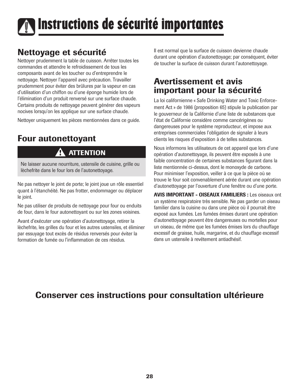 Instructions de sécurité importantes, Nettoyage et sécurité, Four autonettoyant | Avertissement et avis important pour la sécurité | Amana Smoothtop User Manual | Page 29 / 76