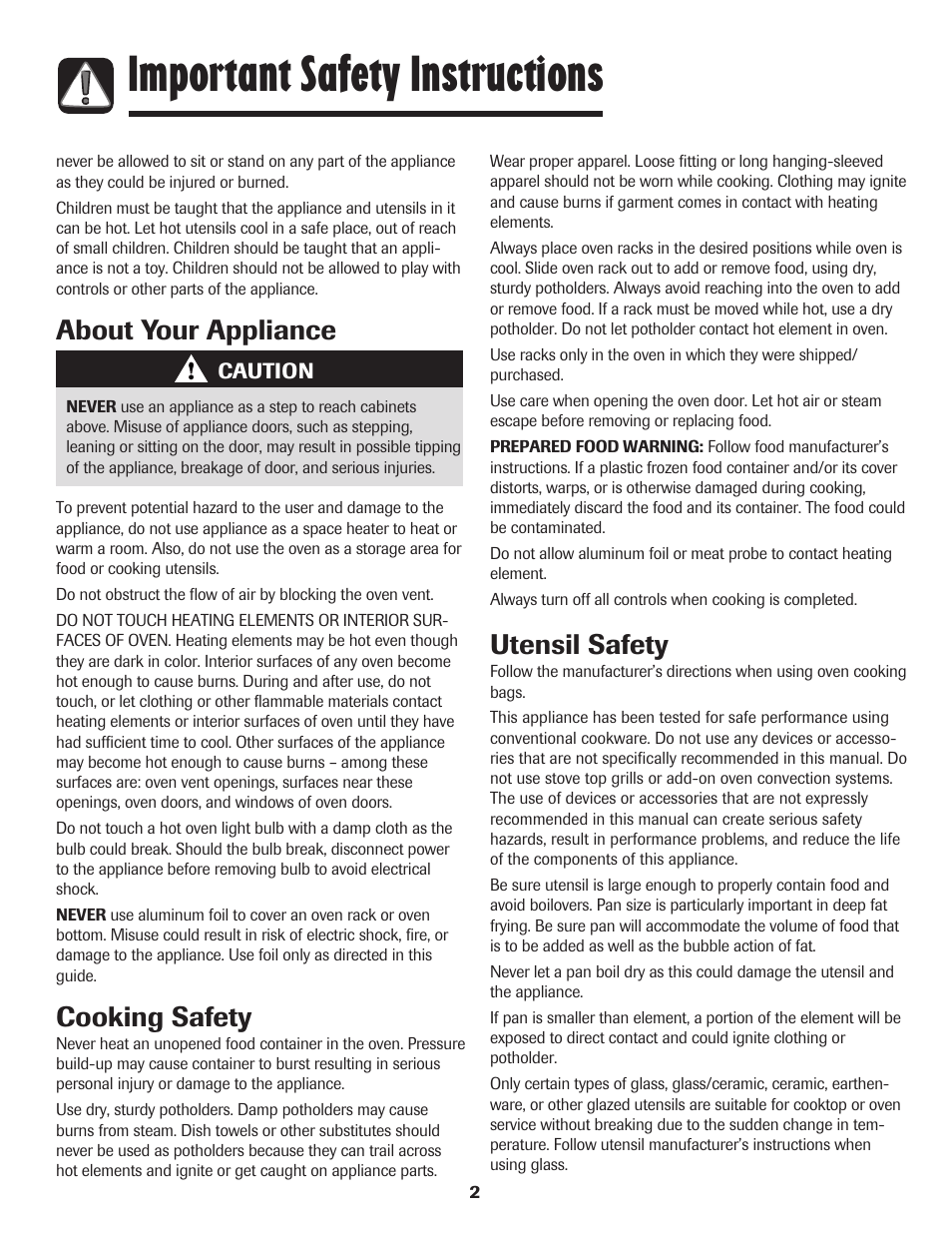 Important safety instructions, Cooking safety, Utensil safety | About your appliance | Amana Smoothtop User Manual | Page 3 / 76