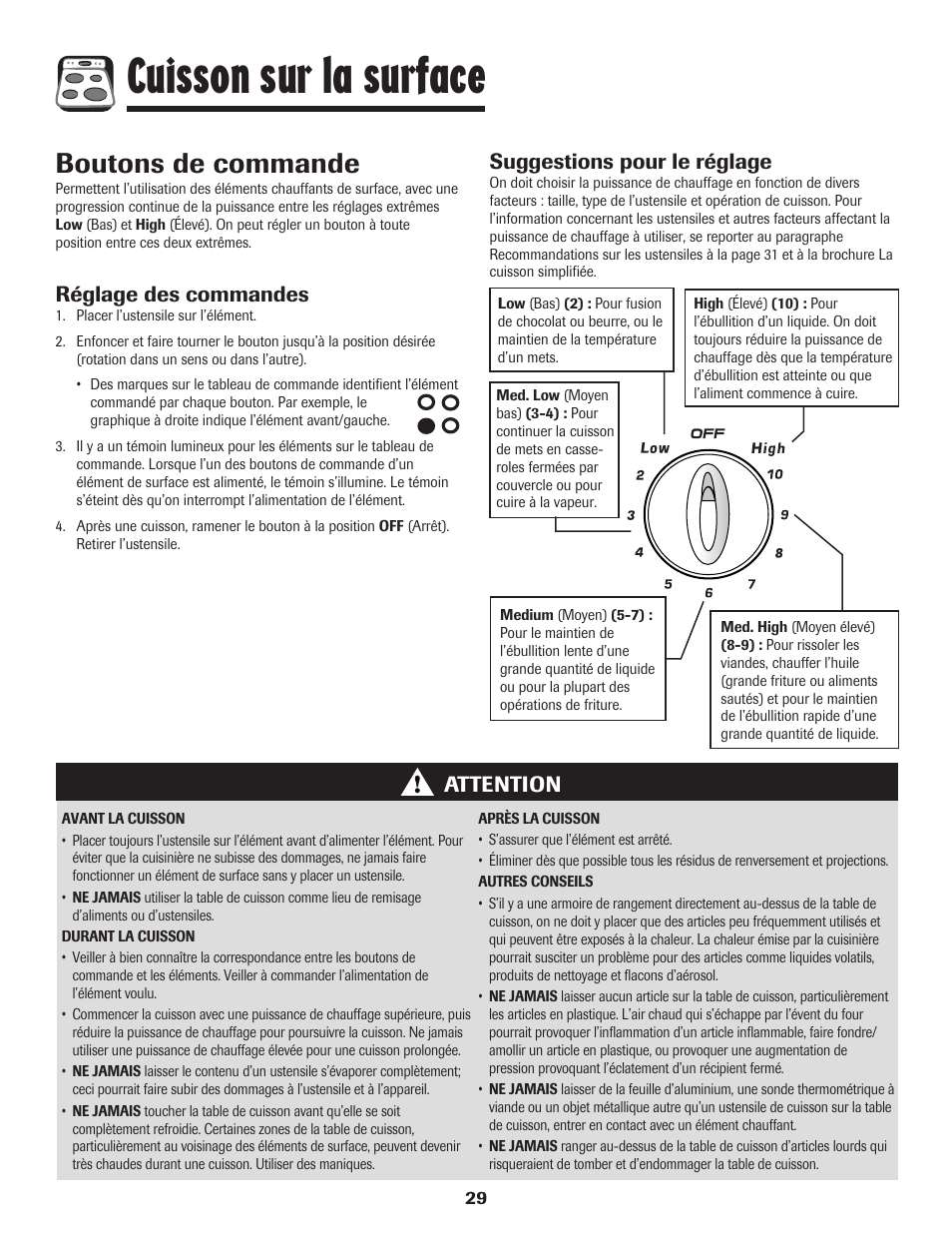 Cuisson sur la surface, Boutons de commande, Réglage des commandes | Attention suggestions pour le réglage | Amana Smoothtop User Manual | Page 30 / 76