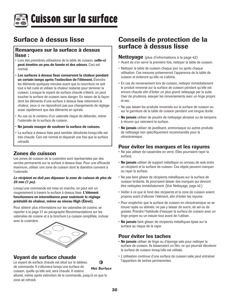 Cuisson sur la surface, Surface à dessus lisse, Remarques sur la surface à dessus lisse | Zones de cuisson, Voyant de surface chaude, Nettoyage, Pour éviter les marques et les rayures, Pour éviter les taches | Amana Smoothtop User Manual | Page 31 / 76