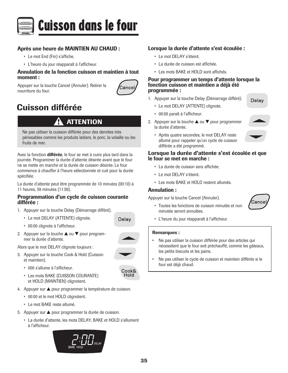 Cuisson dans le four, Cuisson différée, Attention | Amana Smoothtop User Manual | Page 36 / 76