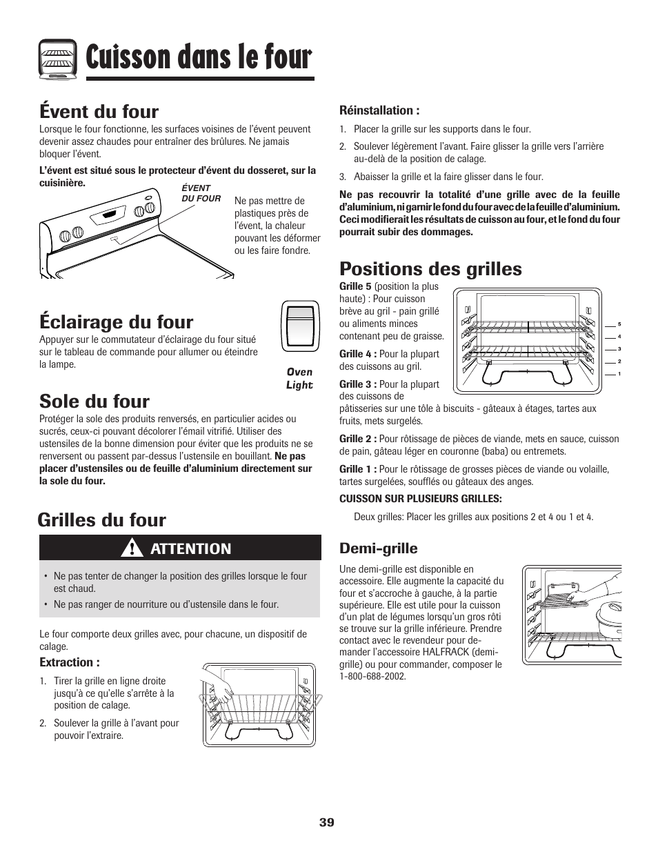 Cuisson dans le four, Éclairage du four, Sole du four | Évent du four, Grilles du four, Positions des grilles | Amana Smoothtop User Manual | Page 40 / 76