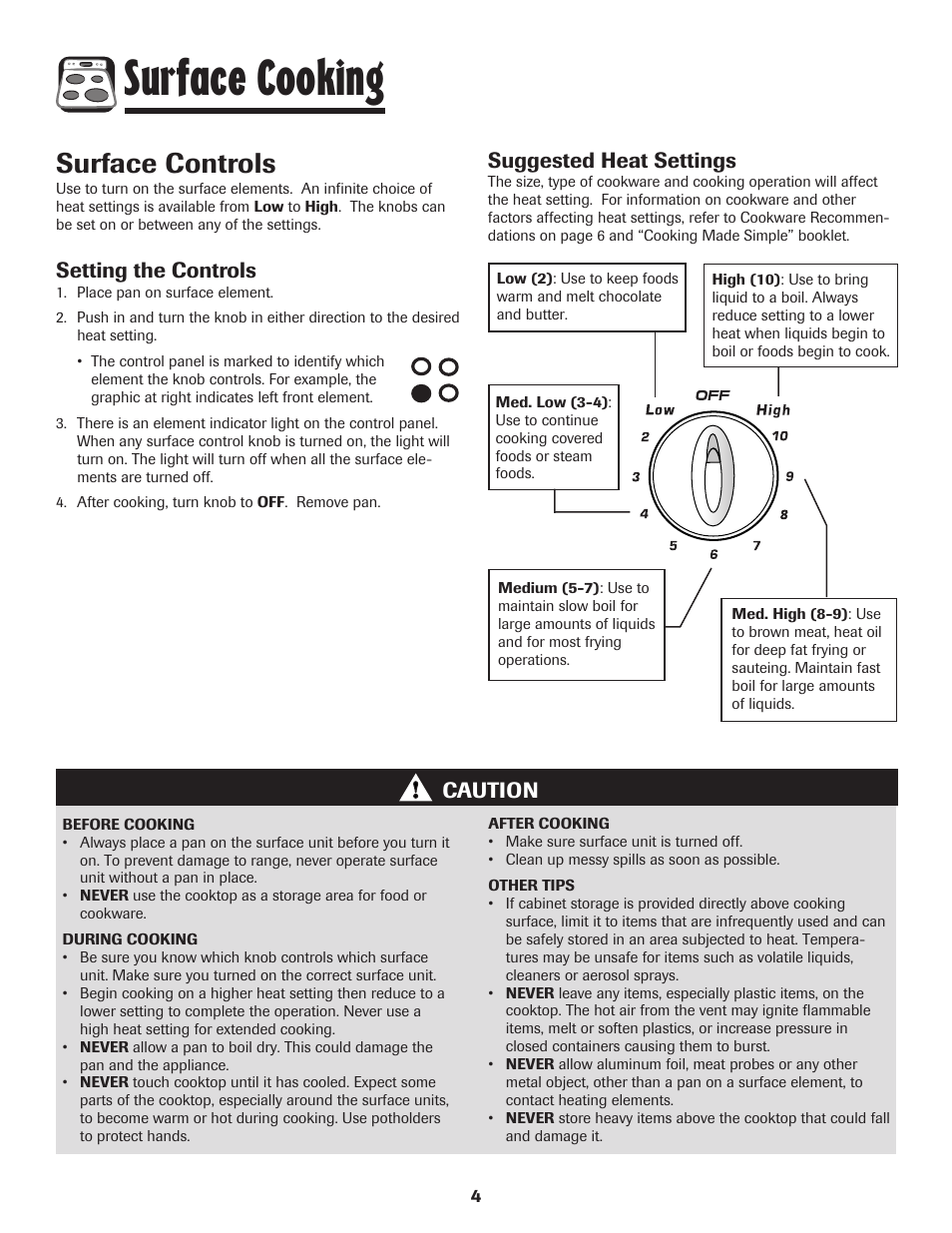 Surface cooking, Surface controls, Setting the controls | Caution suggested heat settings | Amana Smoothtop User Manual | Page 5 / 76