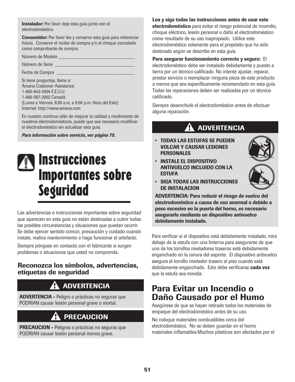 Instrucciones importantes sobre seguridad, Para evitar un incendio o daño causado por el humo | Amana Smoothtop User Manual | Page 52 / 76